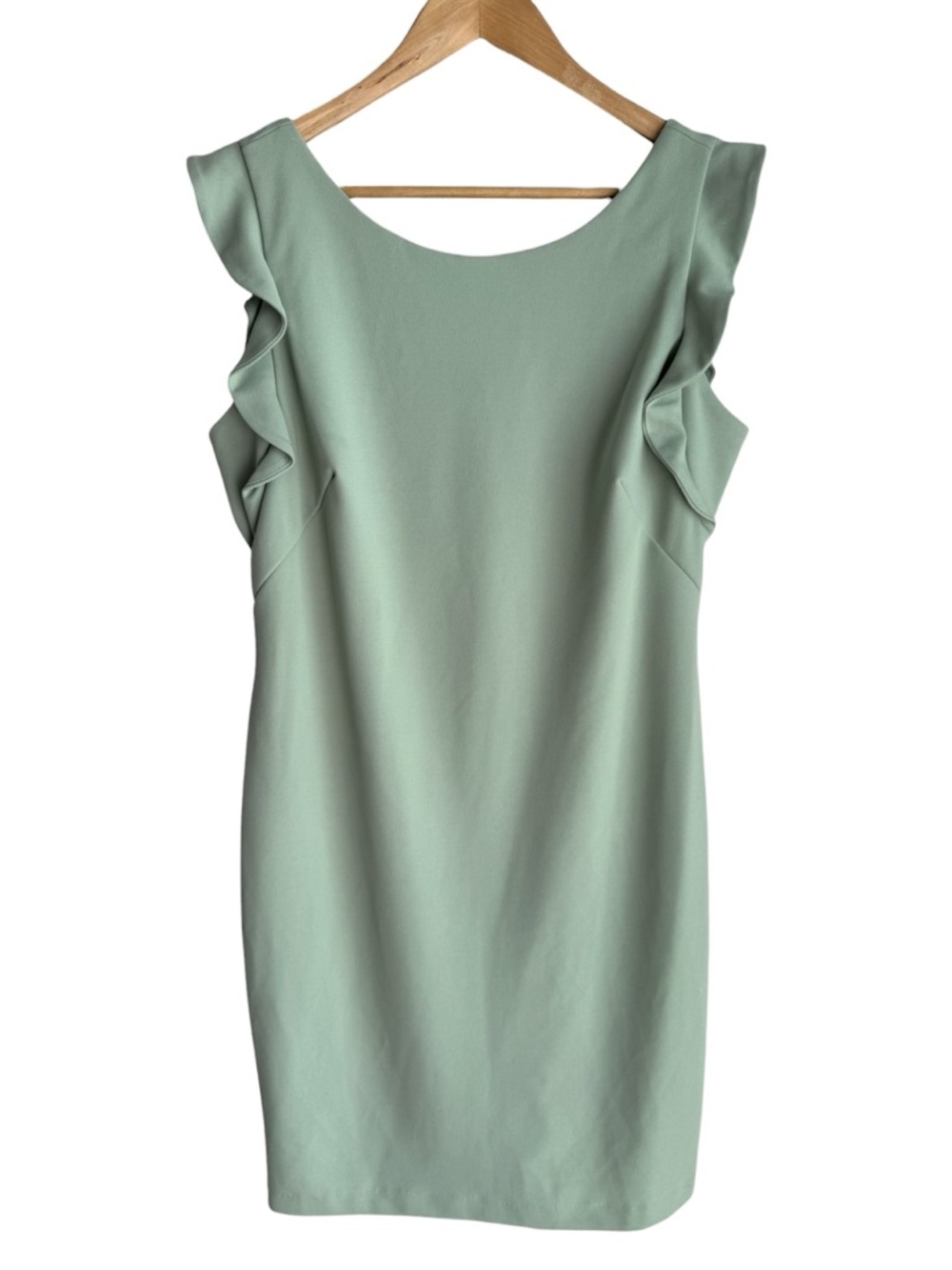 Calvin Klein Sage Green Ruffle Sleeveless Sheath Dress Sz 14 Elegant Classy EUC